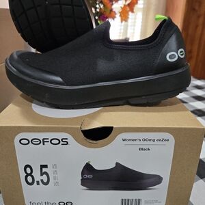 OOFOS Black Slip-On Shoes with Green Detail